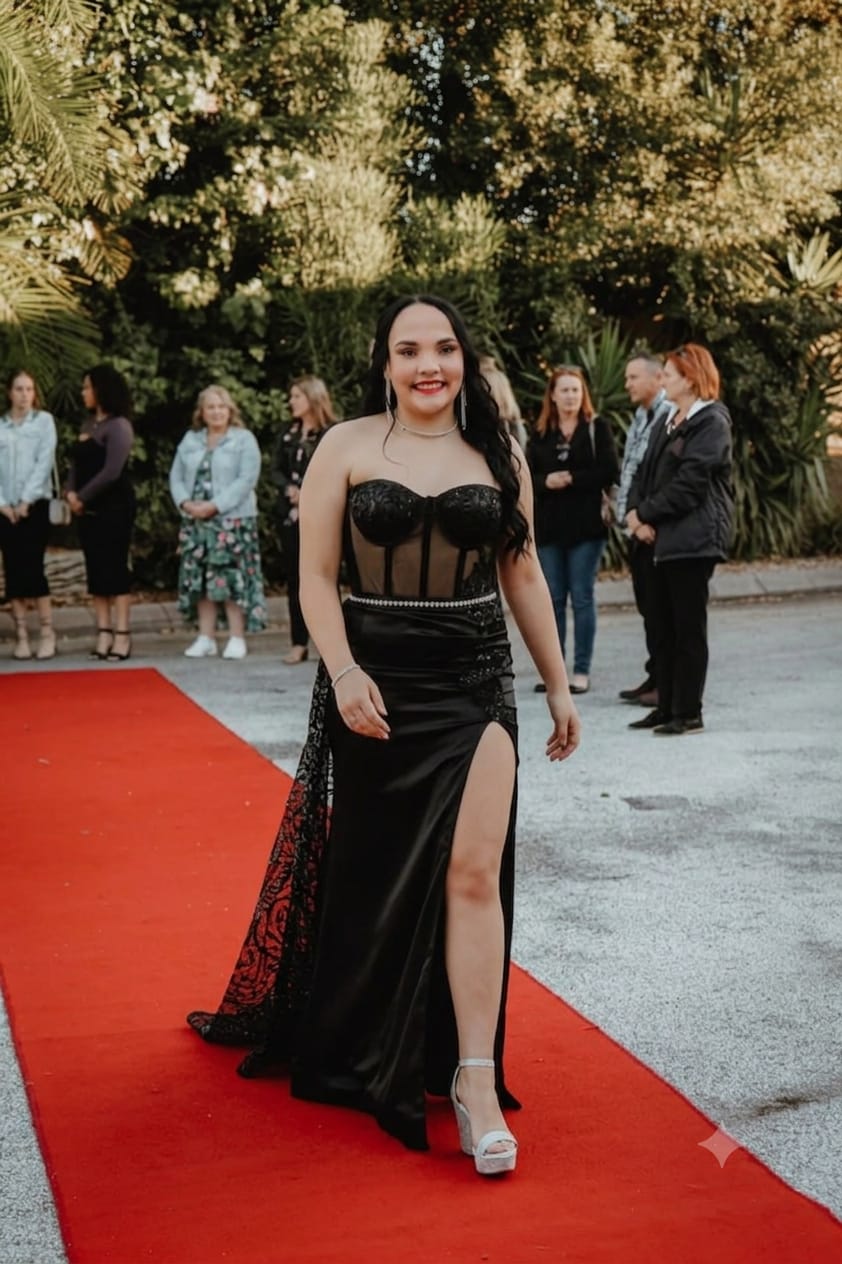 Black lace gown with thigh-high slit