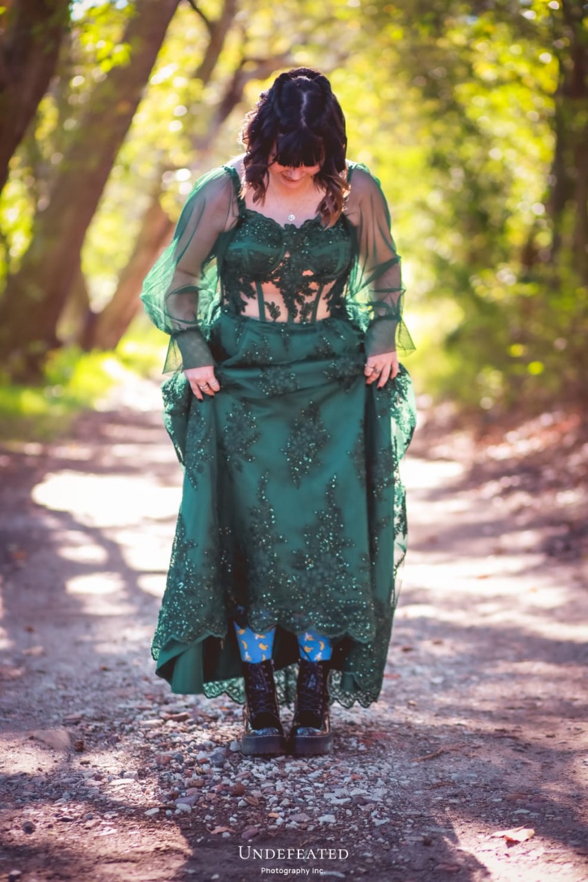 Emerald lace gown editorial